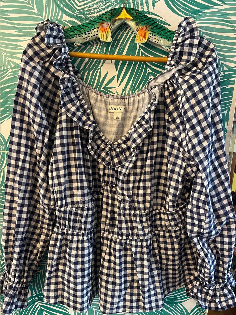 Ava & Viv Navy and White Gingham Ruffled Peplum top sz 2X cottage core cotton
